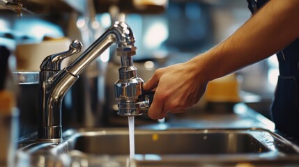 Naklejka premium Plumber fixing a sink leak in a restaurant kitchen. Featuring plumbing repairs and maintenance