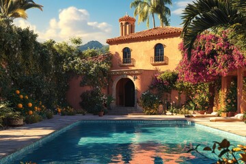 Mediterranean villa with swimming pool, lush gardens, and vibrant bougainvillea.