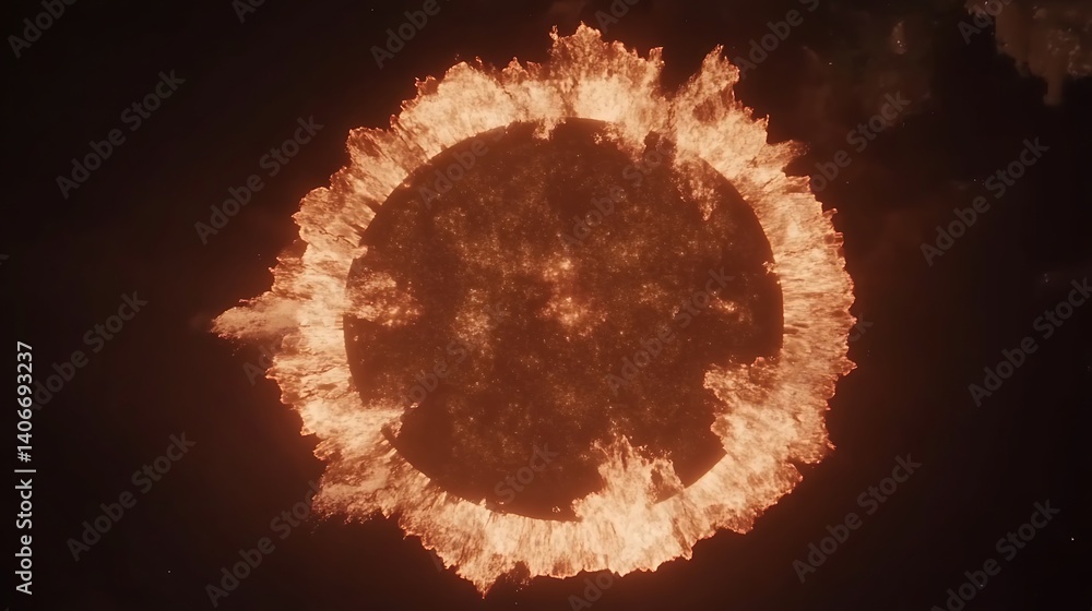 Poster fiery circular celestial object in a dark space.