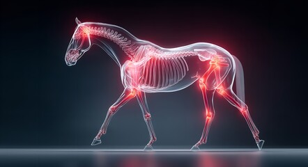 3D X-Ray Illustration of a Horse with Highlighted Pain Points on Joints – Veterinary or Medical Concept