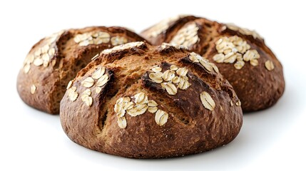Naklejka premium Three delicious artisan oat loaves of freshly baked bread sit on a white background perfect for bakery menu or cookbook.