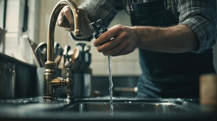 Naklejka premium Plumber installing a faucet in a newly renovated kitchen. Featuring plumbing installation