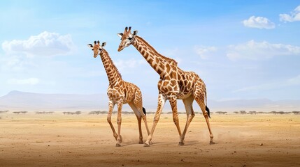 A young giraffe playfully walking with its mother across a dusty African savannah, with a vast landscape stretching out in the background.