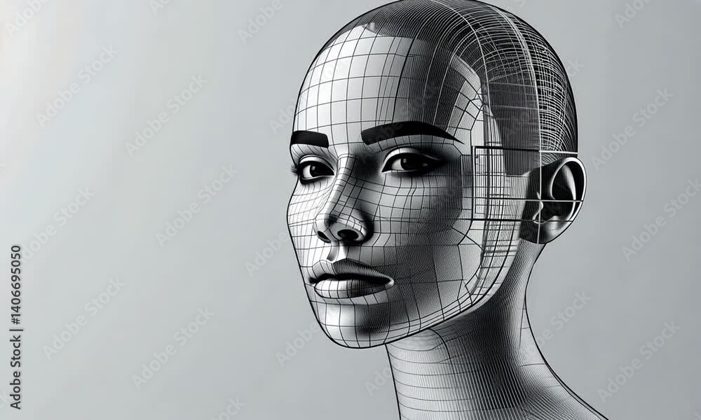 Poster futuristic portrait of a woman with digital wireframe features representing ai and technology concep