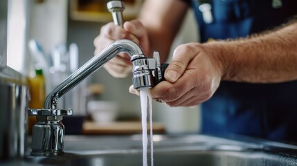 Plumber installing a new faucet in a kitchen sink. Featuring plumbing installation