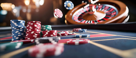 Casino Table with Chips and Roulette