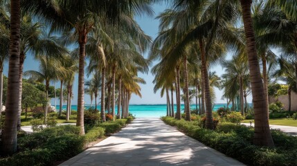 A scenic pathway flanked by tall palm trees leads directly to an inviting beach with vibrant turquoise waters. Bright sunlight shines down, creating a tropical ambiance perfect for relaxation