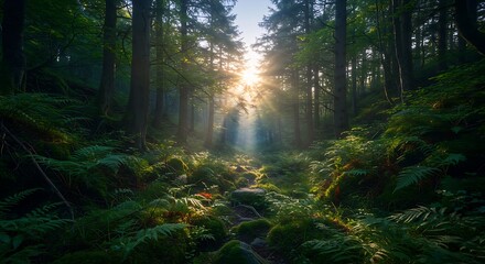 Obraz premium Sunlit Forest Path: A Serene, Mossy Trail at Dawn