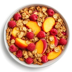 Fototapeta premium A healthy and delicious breakfast bowl filled with granola, fresh peaches, and raspberries in a light gray bowl.