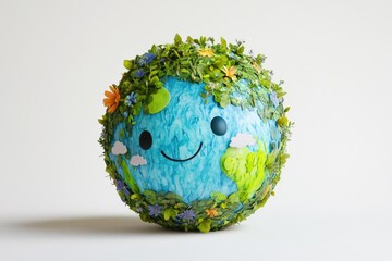 A smiling Earth adorned with lush greenery and vibrant flowers, symbolizing environmental care and sustainability.