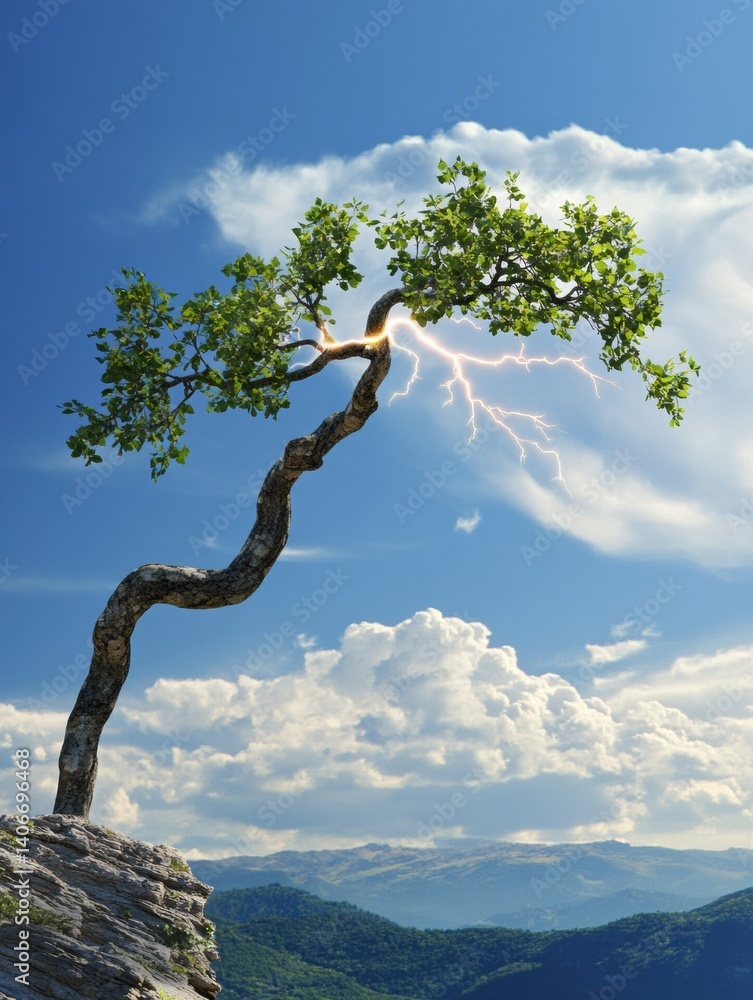 Poster Tree branch shaped like lightning bolt symbolizes natural power against a scenic backdrop of mountains and clouds