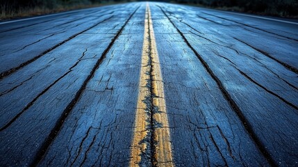 Detailed close-up of a paved road with faded lines and weathered surface, displaying the natural wear and tear of constant traffic.