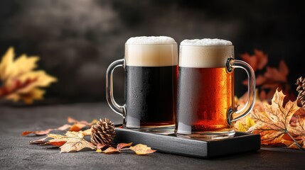 Oktoberfest beer mugs with frothy beer and festive decor, creating a lively atmosphere for a fall celebration.