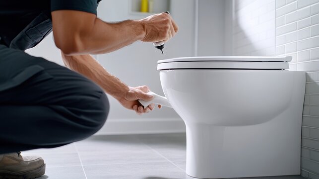 Plumber installing a new toilet in a bathroom. Featuring plumbing installation and home improvement