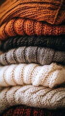Fototapeta premium cozy stack of knitted sweaters in brown, gray, white, and orange concept of warmth and comfort