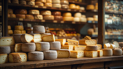 A tempting selection of various cheese types, displayed beautifully in a gourmet food shop.