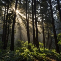 Fototapeta premium Morning light shining through Murree forest trees