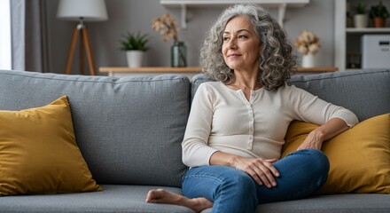 Obraz premium Thoughtful senior woman relaxing on a sofa in a cozy living room 
