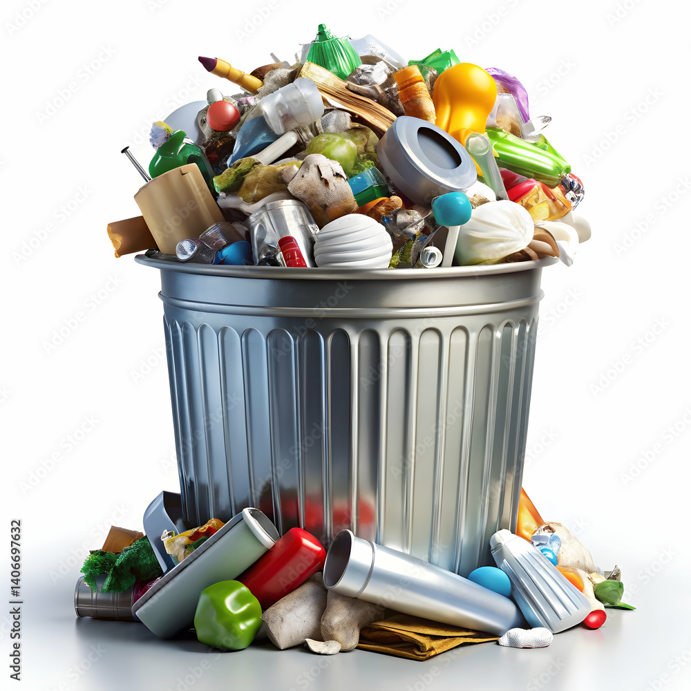 Aufkleber overflowing trash can a visual representation on white background