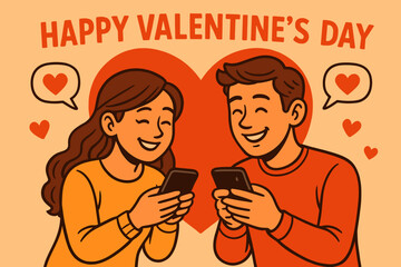 Fototapeta premium Valentine’s Day couple sharing smiles while texting on smartphones 