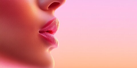 A close-up view highlighting a woman's lips in soft pink tones, set against a gradient background as the sun sets, creating a warm and serene atmosphere