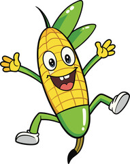 Happy Cartoon Corn Mascot Jumping – Fun Vector Vegetable Character Illustration
