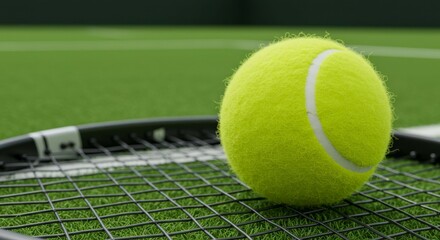 Bright Yellow Ball on Racket Ready for Game on Green Court