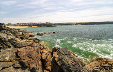 Landscape on a sunny April day. Beautiful view of the mountains and ocean. Padstow Cornwall, UK.