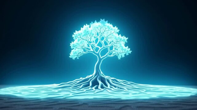Majestic glowing tree emerges from dark ground with vibrant blue roots and branches expanding in a captivating celestial display
