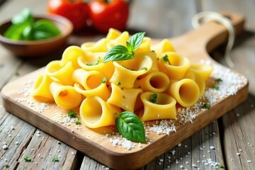 Artisanal pasta on white, rustic wooden board , penne, rustic, fettuccine