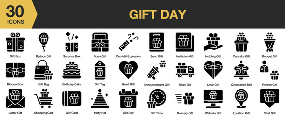 Gift Day solid icon set. Includes ribbon, greeting, anniversary, box, birthday, and More. Solid icons vector collection