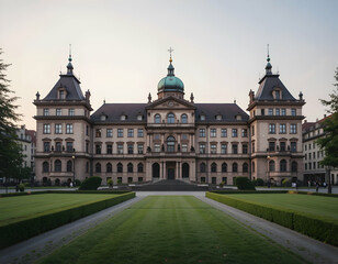 Grand Building with Lush Lawn and Green Dome in Daylight