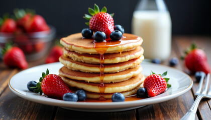 Delicious Stack of Pancakes with Fresh Fruits and Syrup