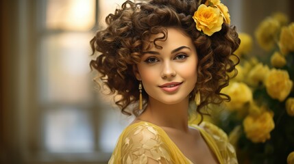 up curly hair candid with yellow