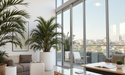 Obraz premium Palm Tree (Phoenix canariensis) Majestic palm with long, feathery fronds, grown in large pots or planters, often displayed in Mediterranean-style