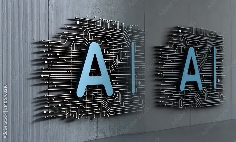 Poster advanced technology concept represented by circuit design and ai symbol on concrete wall