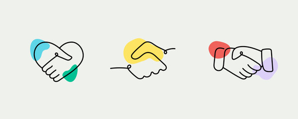Collaborative Agreement and Trust Building Icon Set. Includes Heartfelt Handshake, Minimal Line Partnership, and Formal Business Deal Concepts. Editable Stroke.