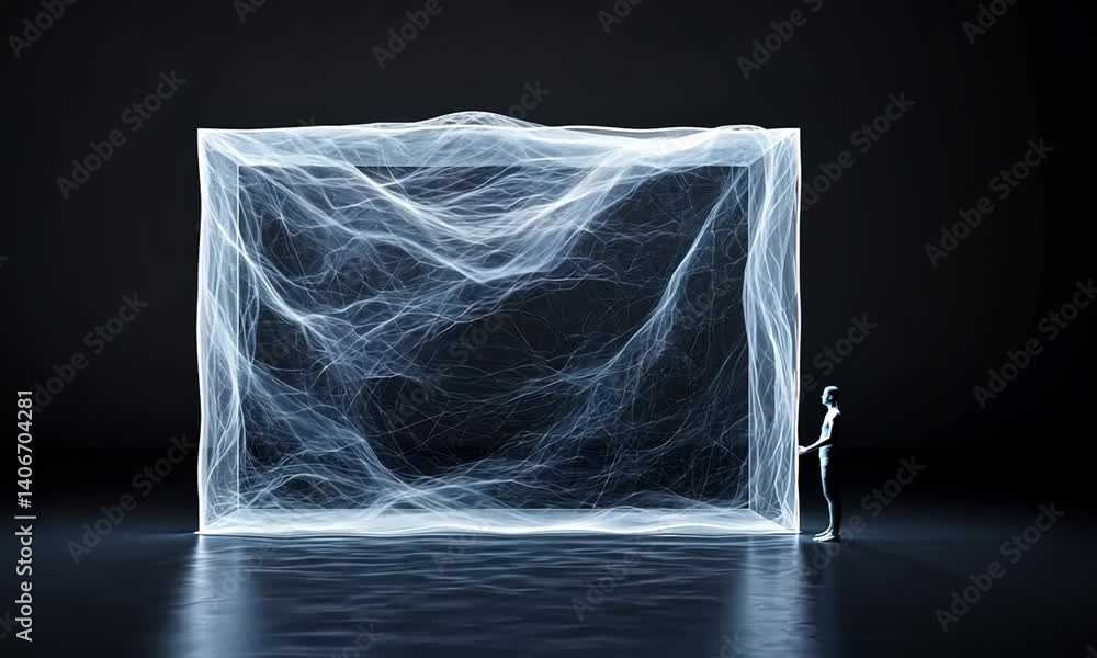 Poster abstract representation of a human figure engaging with a glowing, ethereal cube in a dark environme