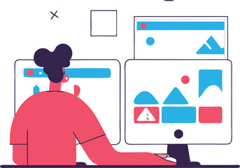 Isometric Illustration of Character Editing AI-Generated Content on Dual Monitors

