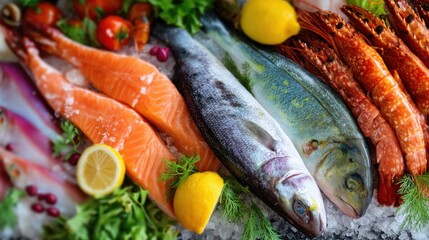 An appealing variety of fresh seafood is arranged on ice, showcasing salmon, whole fish, vibrant shrimp, and colorful garnishes