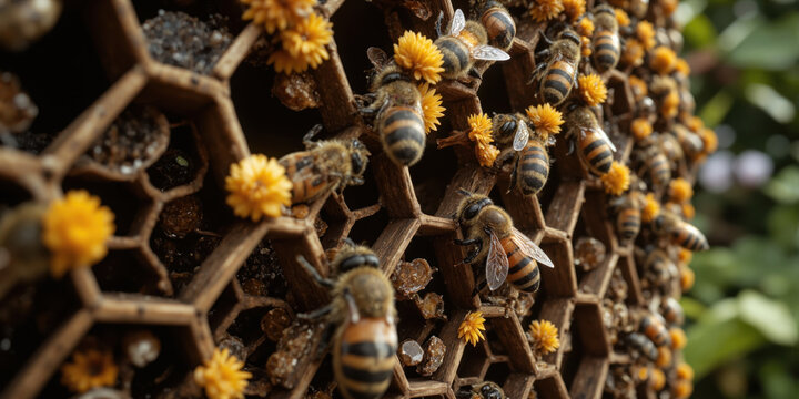 Drone Apiary Hexagonal hive modules. Robotic bees pollinate data flowers. Honeycombs store processed information nectar. Queen mainframe emits pheromone algorithms.