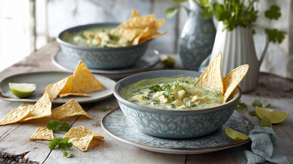 Delicious green chicken soup served with tortilla chips and lime on a rustic wooden table