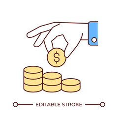 Hand putting coin on stack line color icon. Savings investment program. Money earnings amount. Business profit. Isolated vector illustration. Flat colorful symbol design. Editable stroke