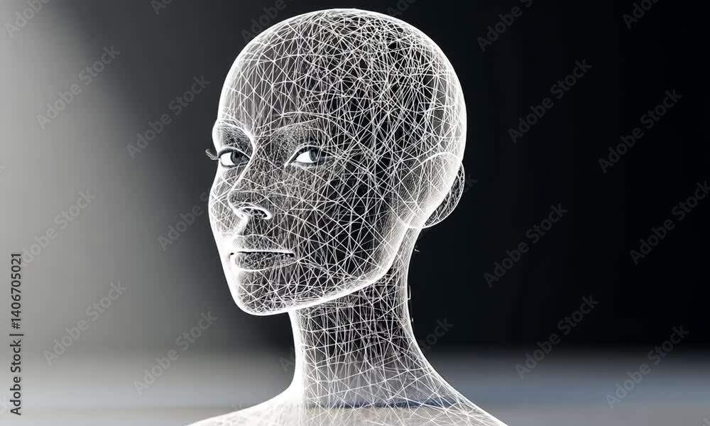 Poster abstract human head profile made of connecting lines and mesh structure representing thought and inn