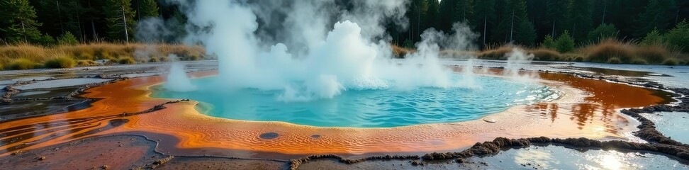 An isolated hot spring bubbles and steams in the wilderness, bubbling, steaming