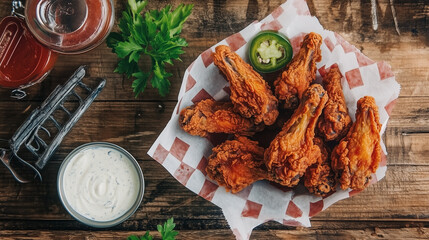 Plate of crispy fried chicken wings served with ranch dressing and jalapeños on a rustic wooden table
