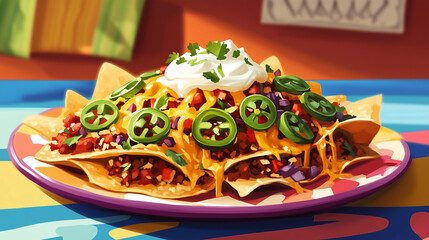 Delicious plate of nachos topped with cheese, jalapeños, beans, and sour cream on a vibrant table