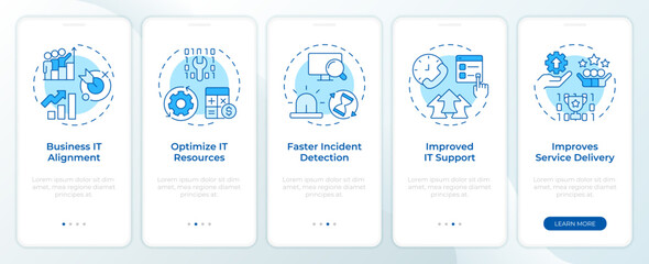 IT management benefits blue onboarding mobile app screen. Walkthrough 5 steps editable graphic instructions with linear concepts. UI, UX, GUI. Montserrat SemiBold, Regular fonts used