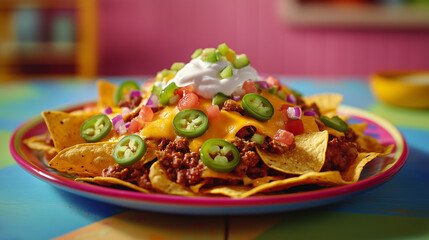 Colorful plate of delicious nachos topped with cheese, jalapeños, and sour cream