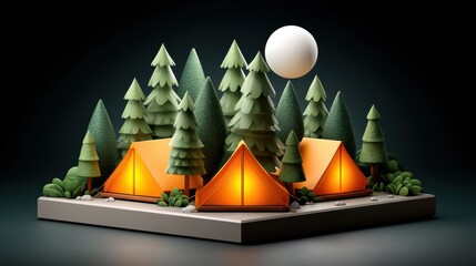 Obraz premium Camping adventure in serene forest 3d tranquil environment aerial view nature exploration